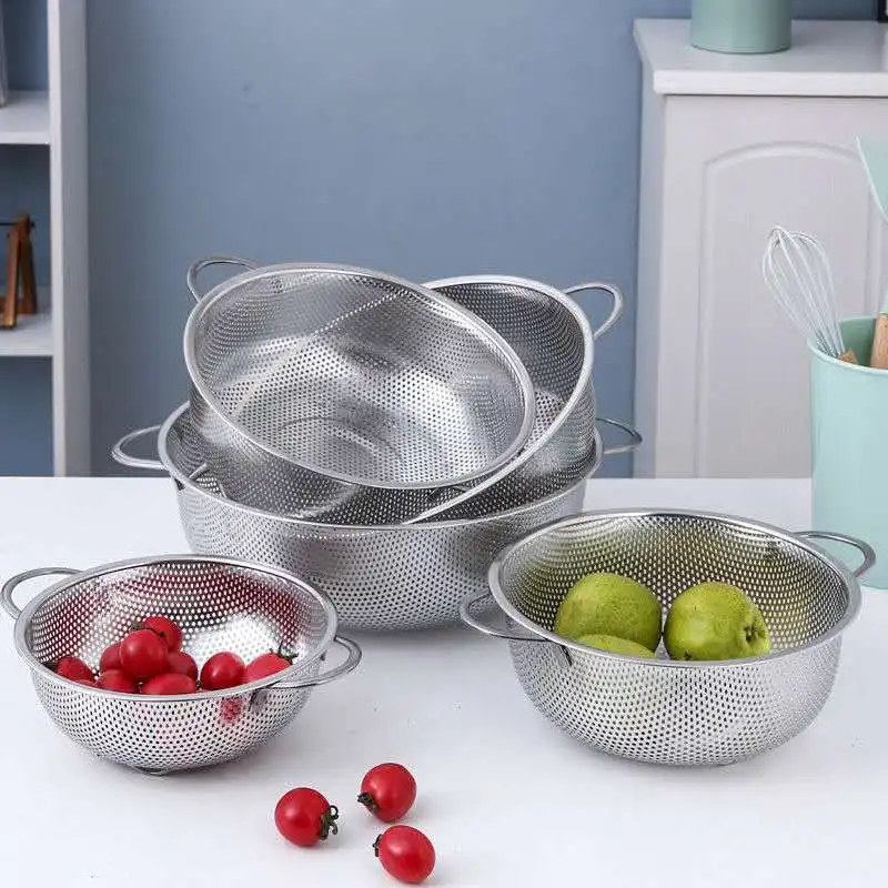 Kitchen Utensils Stainless Steel Perforated Colander Basket for Fruits and Vegetables Food Use