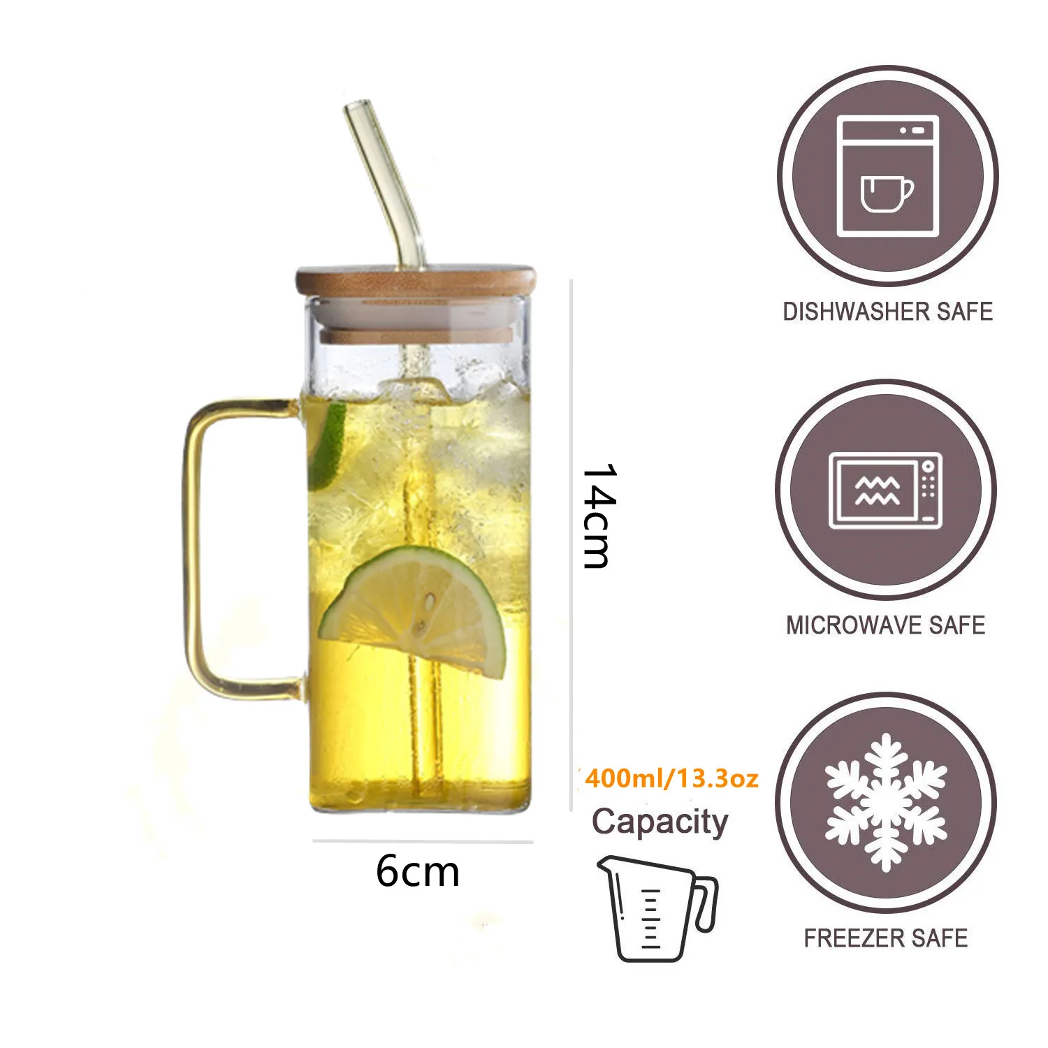 400ml 13oz  Clear Pink Green handle Cold Cups Clear SquareTumblers Borosilicate Glass beer Mug With Bamboo Lids And Straw