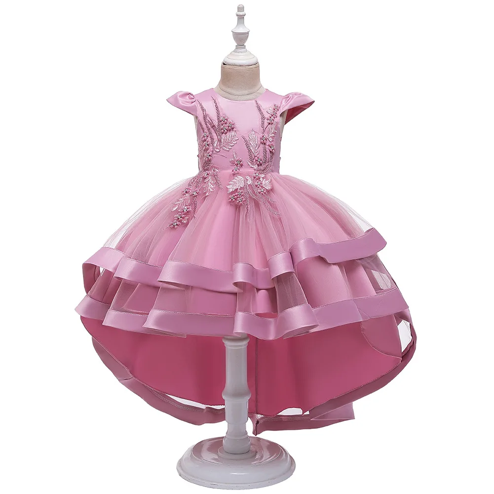 
5018 Birthday Children Clothes Sale Girl Party Wear Princess Kids Embroidered Floral Western Long Tail Wedding Dress 