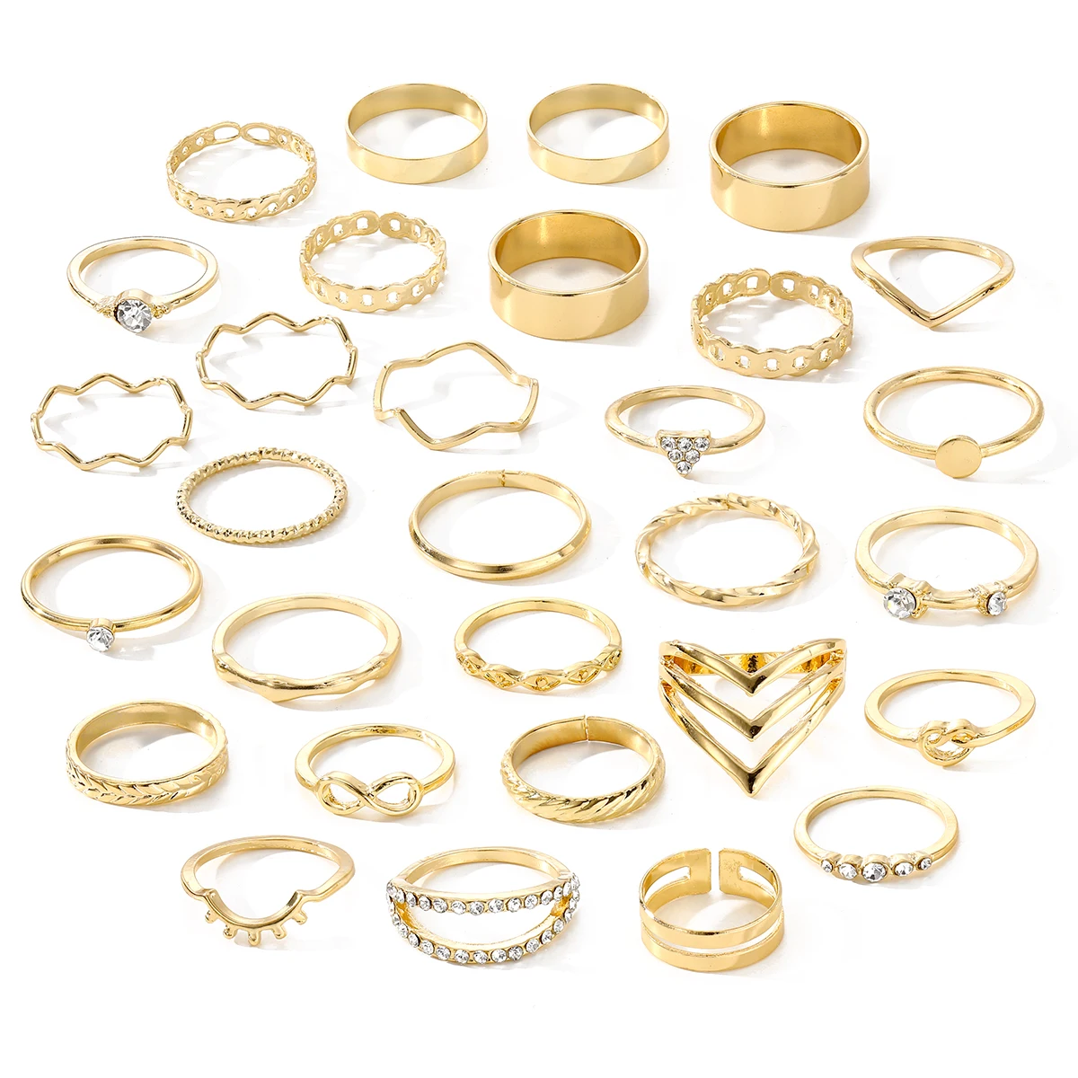 30pcs/set New Fashion Geometric Gold Metal Diamond Crystal Knuckle Finger Ring Set For Women Jewelry Gift