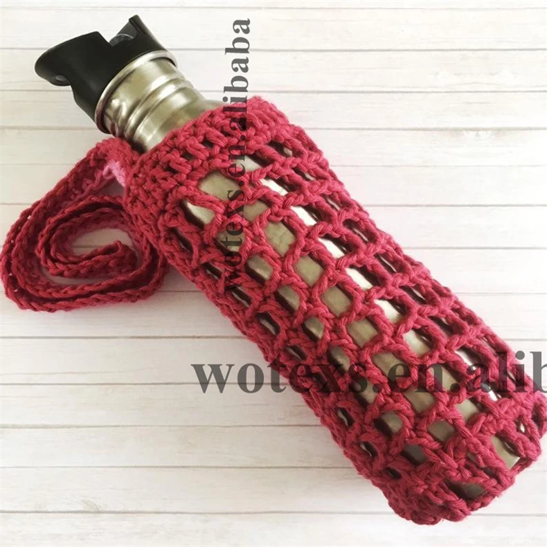 BM038 Free samples custom knit jacquard Cross Body Water Bottle Cover with straps Crochet Water Holder Water Bottle bags