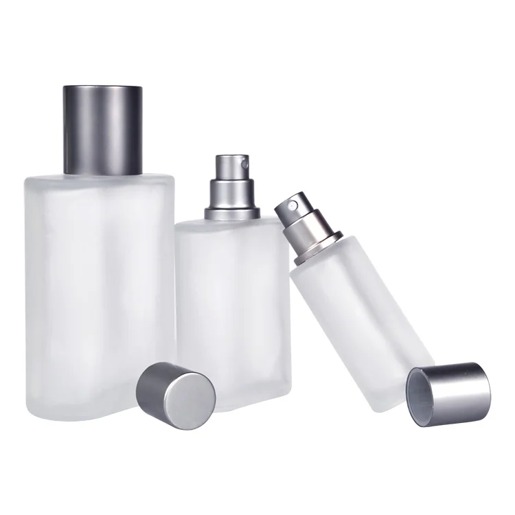 Free samples luxury 1oz 50ml 100ml frosted oblate shape glass mist spray perfume bottle with silver aluminum cap