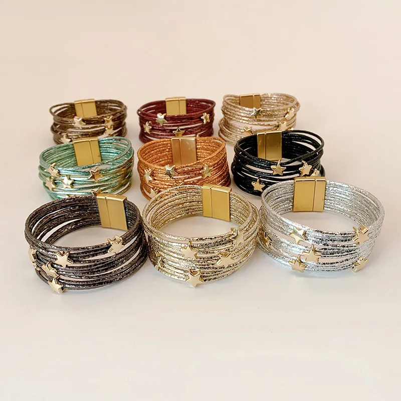 Fashion Women Heart Star Butterfly Charm Multilayer Leather Bracelets Magnetic Clasps Leather Rope Wrap Bracelets Jewelry Gifts