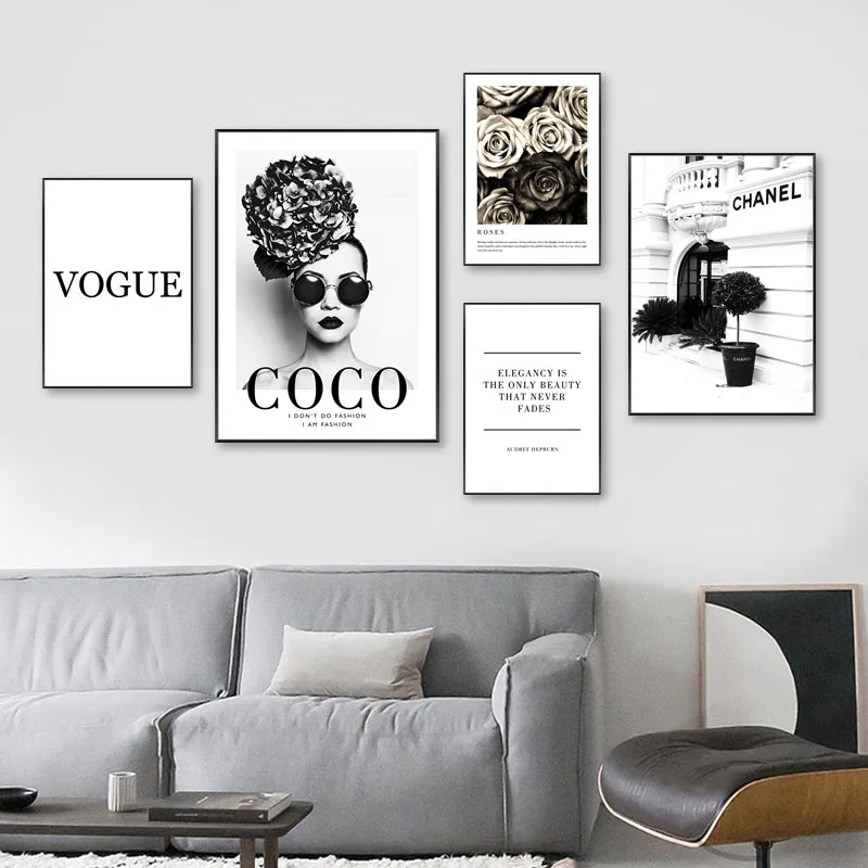 Fashion Flower Woman Poster and Print Coco Quotes Wall Art Canvas Painting Black White Vogue Pictures for Living Room Home Decor