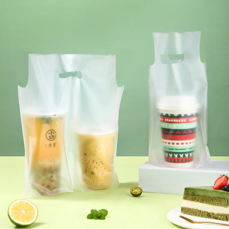 Custom Logo Takeaway Food Plastic Recyclable Boba Tea Bag Transparent Coffee Tea Cup Holder Bags