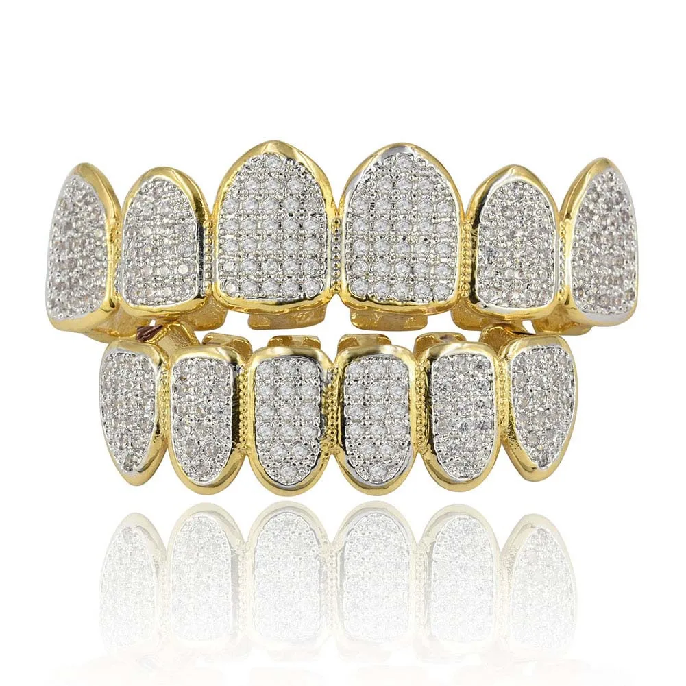  Hip Hop Grills Teeth Grillz Gold Color Plated High Quality Tooth Micro Pave CZ Top & Bottom GRILL Mouth