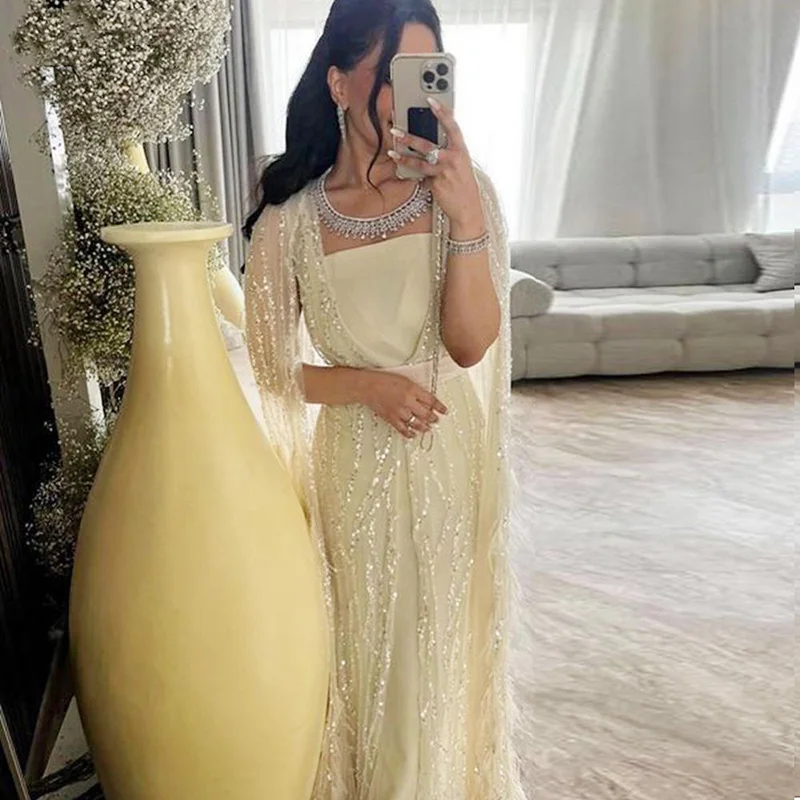 Jancember LSCZ154 Elegant Feathers Beaded Cape Sleeves Long Gown Square Collar Party Evening Dress