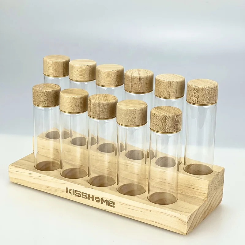 11 Holes Coffee Beans Display Holder Pinewood Test Tube Rack Stand Glass Espresso Coffee Accessories Tools Coffeware Sets