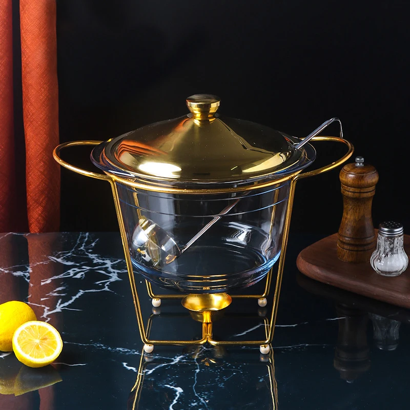 Round Buffet Soup Warmer Chafer Set Glass Food Pan Dishes with Ladle 4L Gold Chafing Dish for Wedding Parties Banquet Catering