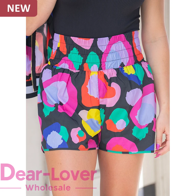 Dear-Lover Wholesale Fast Shipping Manufacturer Leopard Sports Shirred High Waist 100% Polyester Summer Shorts