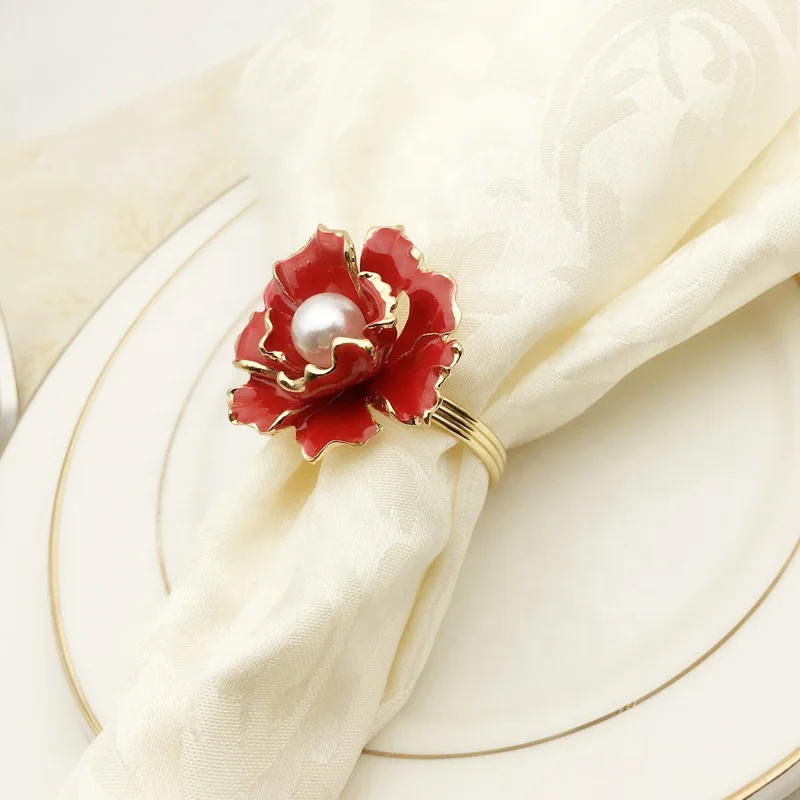 Popular Pearl Flower Napkin Rings Gold Metal Napkin Ring Holder Red Enamel Flower Wedding Napkin Rings HWW04