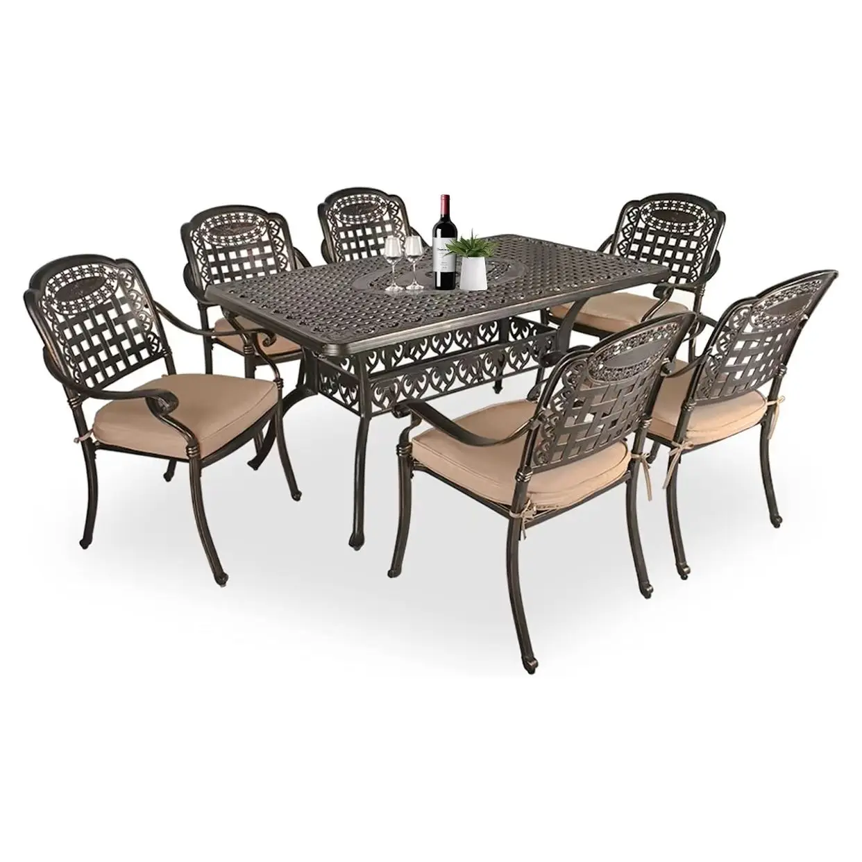 All-Weather Cast Aluminum 7-Piece Outdoor Furniture Dining Set Includes 1 Table and 6 Chairs with Cushions and Umbrella Hole