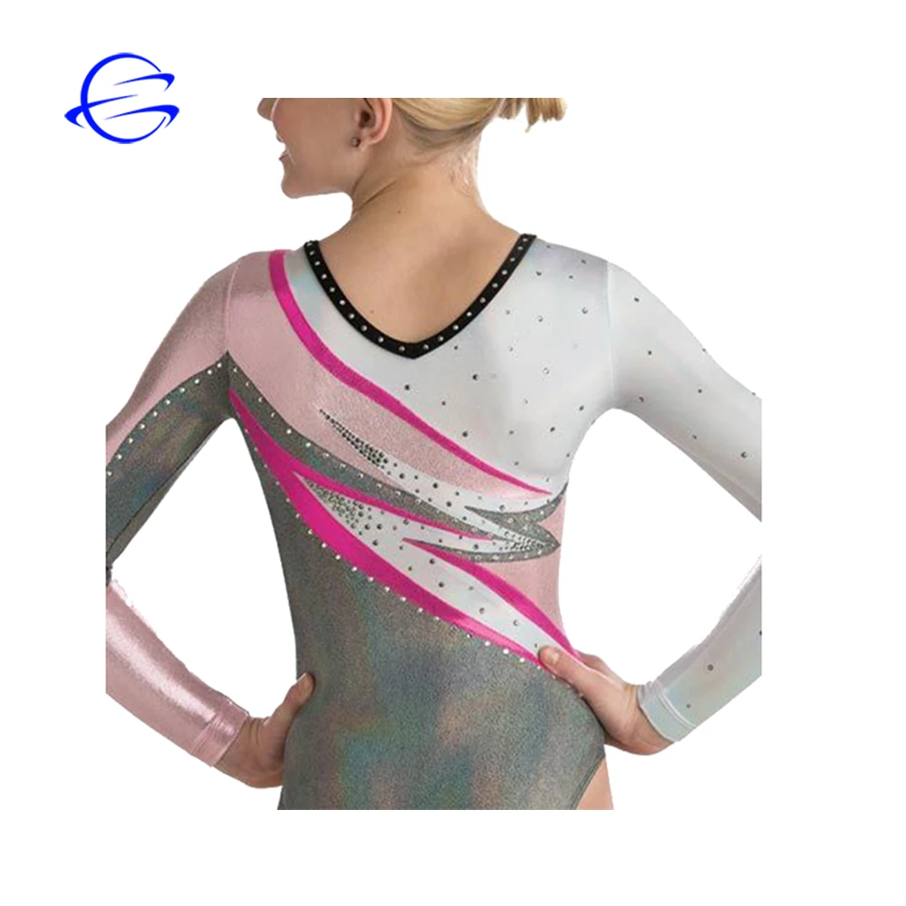 Rhinestones Crystal Patchwork Performance Suit Long Sleeve Gymnastics Leotards Girls