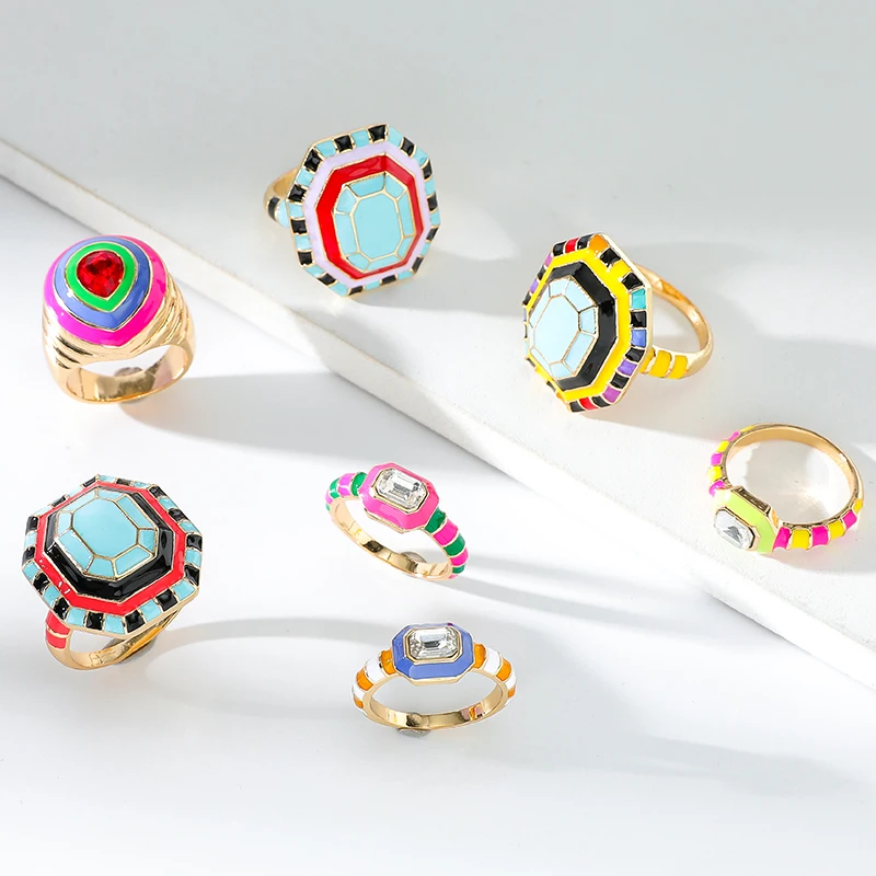 Wholesale Spring Bold Enamel Jewellery Summer Colorful Enamel Rings Women Baroque Zircon enamel chunky ring