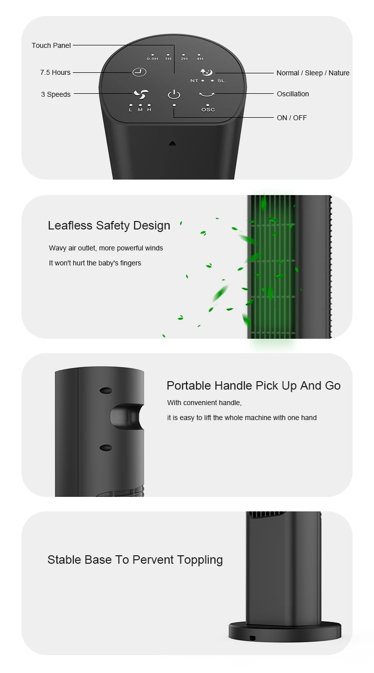 31 inch Portable Slim Lightweight Tower fan  with touch panel 7.5 H timer