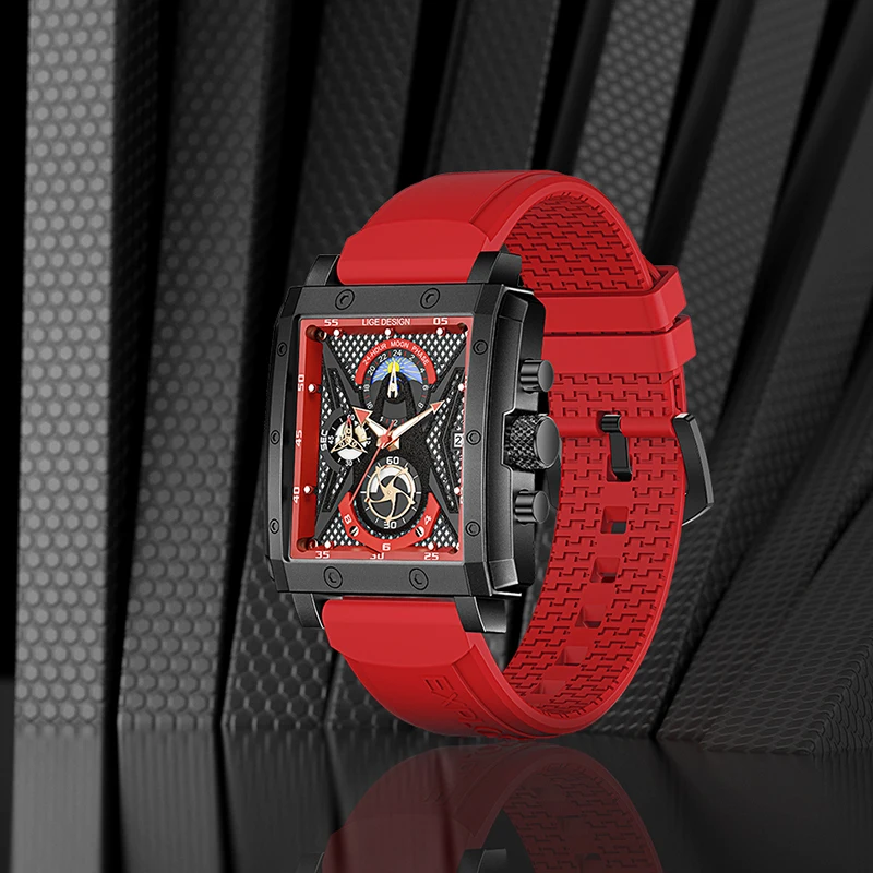 LIGE LG8965 luxury red male quartz watch cool rubber strap moon phase date display chronograph leisure wrist watch