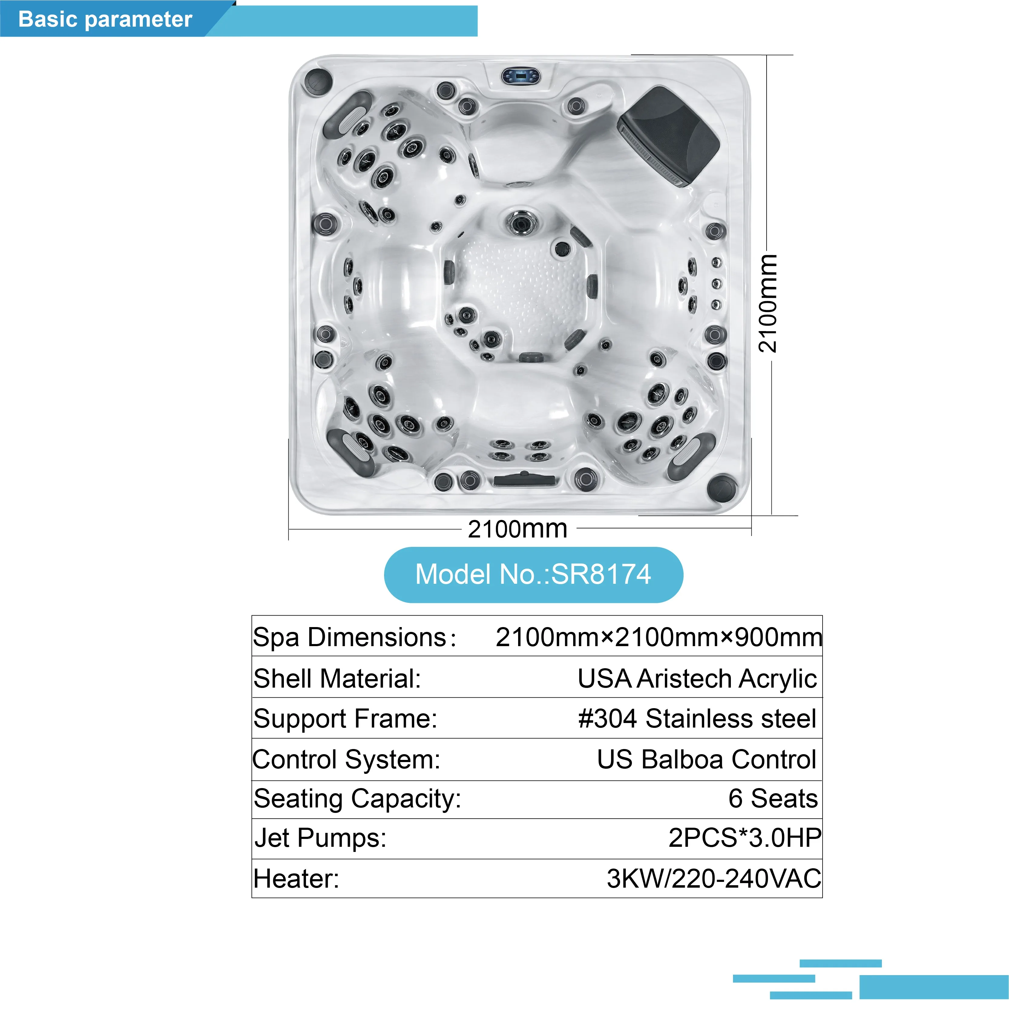 Sunrans Quality Luxury 6 Person Japan Massage Hot Tub With 2 Filter 50pcs Hydrotherapy Tub Jets Spa Balboa Hot Tub For Backyard