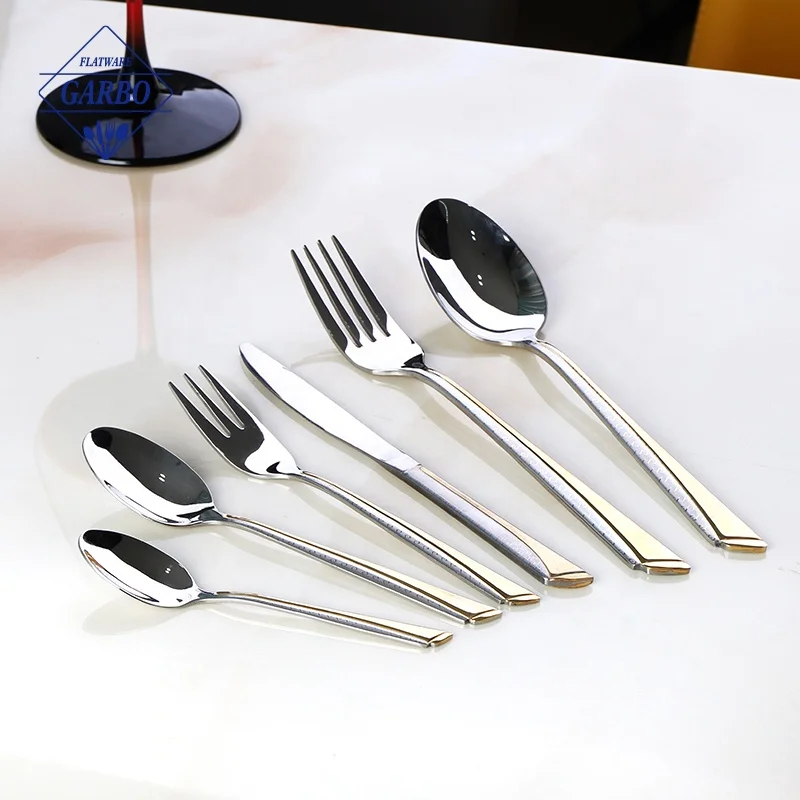 Stocked High Quality Middle-East Laser Logo Metal 18/10 Stainless Silver and Gold Cutlery Spoon Fork 6PCS Set with Fast Shipment