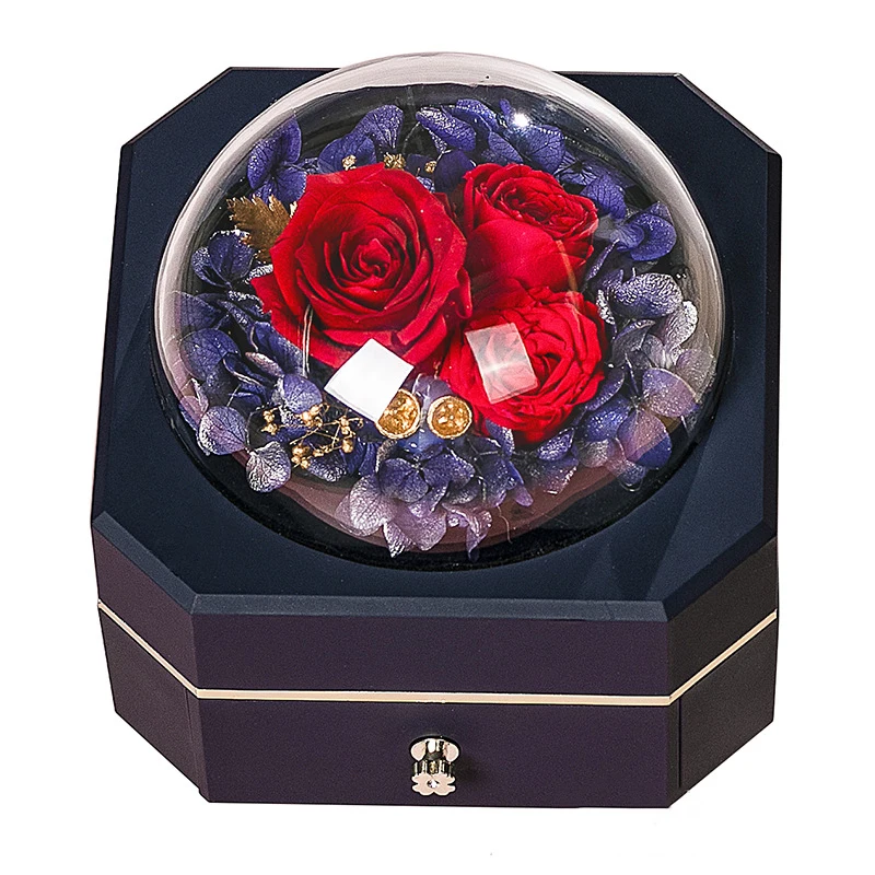10*14 Holiday Souvenirs Gift LED Handmade Eternal Preserved Flowers Artificial Roses Flowers Decor With Glass Dome Packing