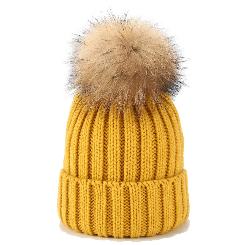 Thick Warm Adult Natural Raccoon Fur Ball Winter solid color Hat Women Knitted Pom Pom wool Beanies