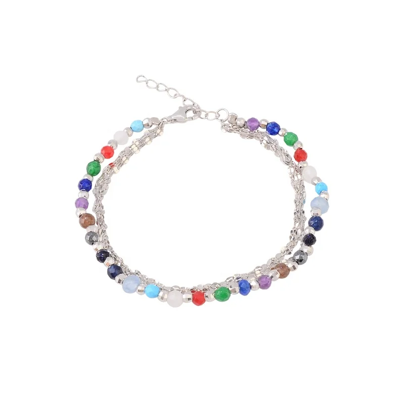 High Quality Rainbow Colorful Natural Irregular Stone Beads Lanyard With Link Chain 925 Silver Charm Bracelet For Women
