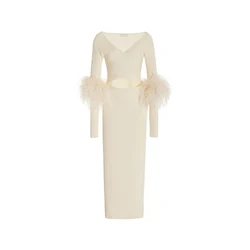 Ostrich Feather trim dress long party white feather Matte Midi stage fur dress cut out feather dress women