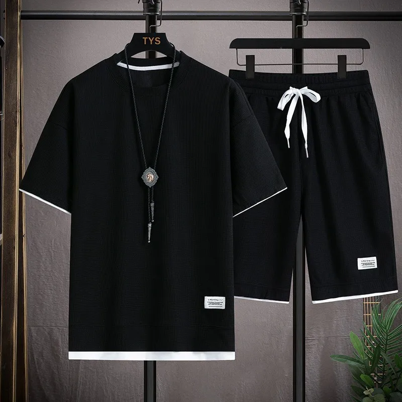 Liu Ming Hot Products 2025 Custom Logo Summer Men s Waffle Sets Casual T Shirt Tracksuit Loose Sports Shorts Suits