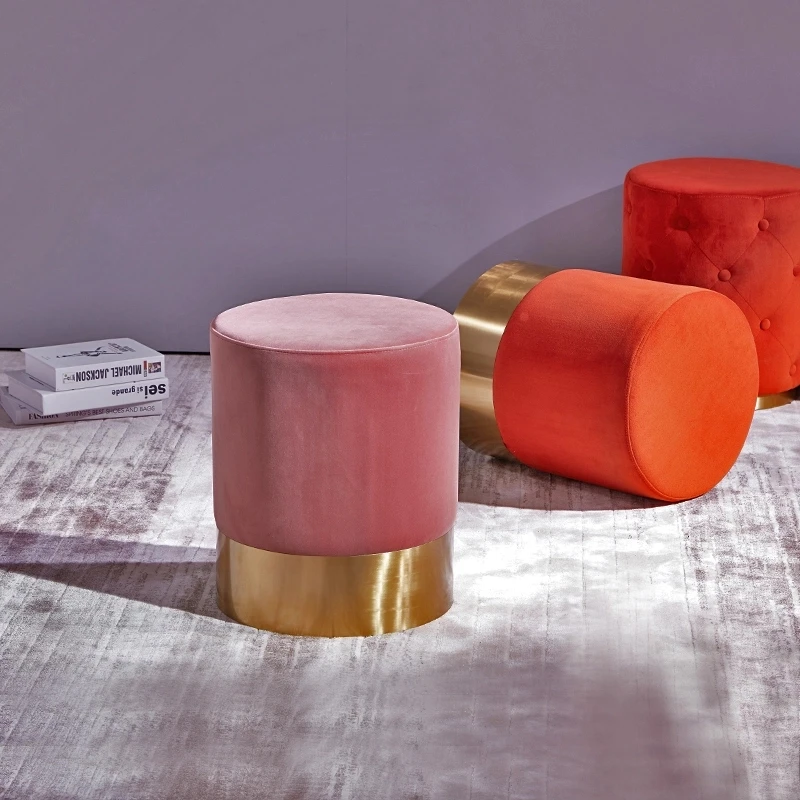 
Home Furniture Golden Metal Base Stool Modern Interior Velvet Pouf Moroccan 