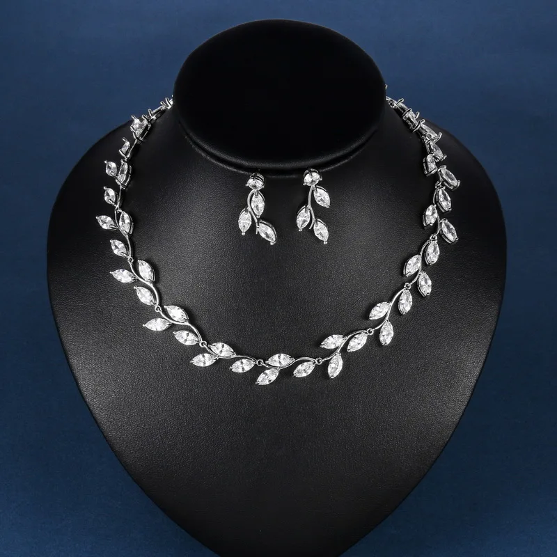 Elegant Leaf Cubic Zirconia CZ Crystal Tennis Necklace and Earring Wedding Jewelry Set for Bride or Bridesmaid