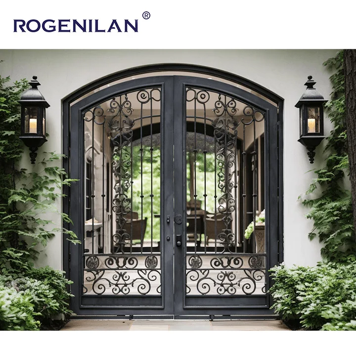 Rogenilan Villa Outdoor Wrought Iron Double Doors luxury Main Entrance New Iron Fence Design Can Be Customised Arched