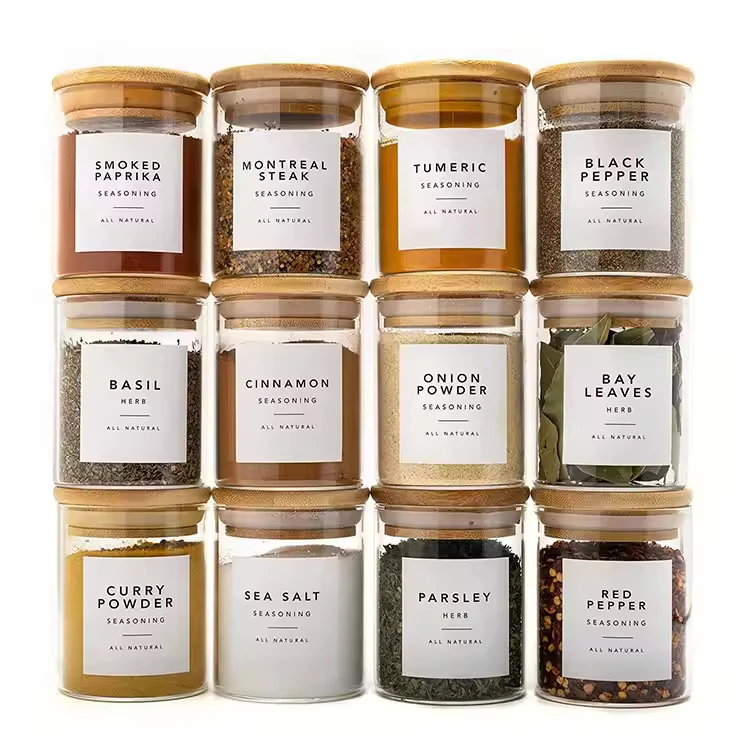Natural Wholesale 16 oz air Tight Food Storage Containers Screw Lid Kitchen Glass Spice Jars Set with Bamboo Wood Lid and Label