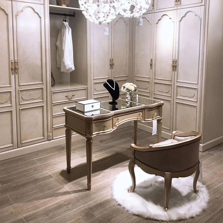 French high-end solid wood hand-carved dressing stool bedroom princess low-back dressing stool