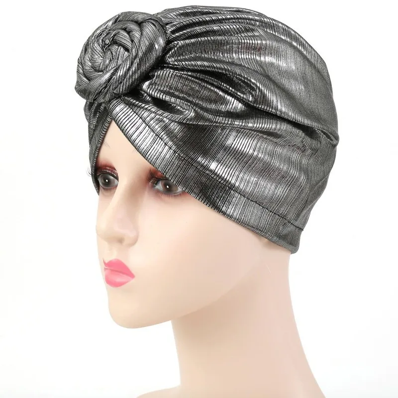 Women Turban African Pattern Headwrap Solid Pretied Flower Knot Bonnet Hat for Women Girls New Fashion Wholesale Gold Silver