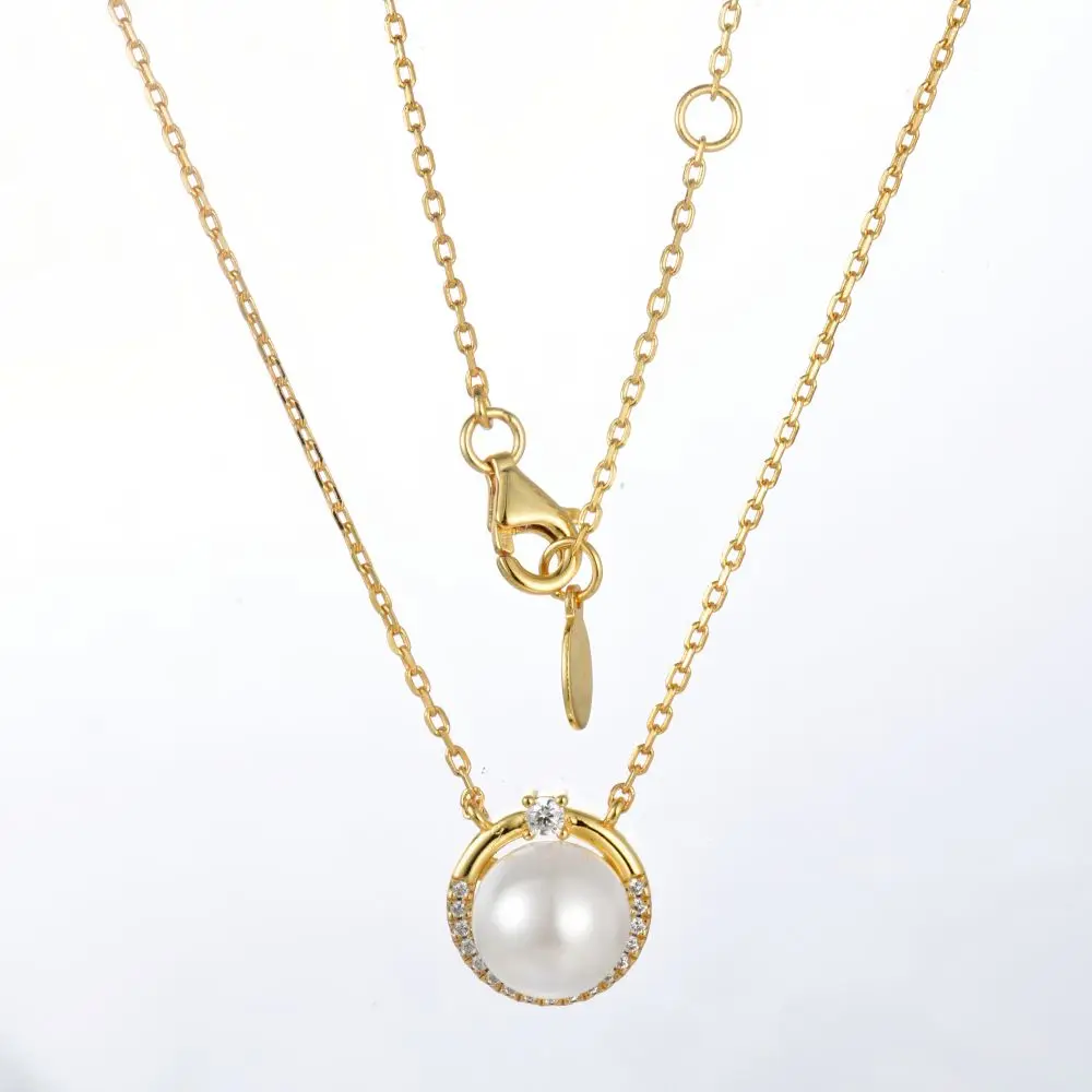 Carline Fine Jewelry 925 Sterling Silver Freshwater Shell Pearl Necklace Zircon Gems Flat Back Oval Pearl Necklace Jewelry