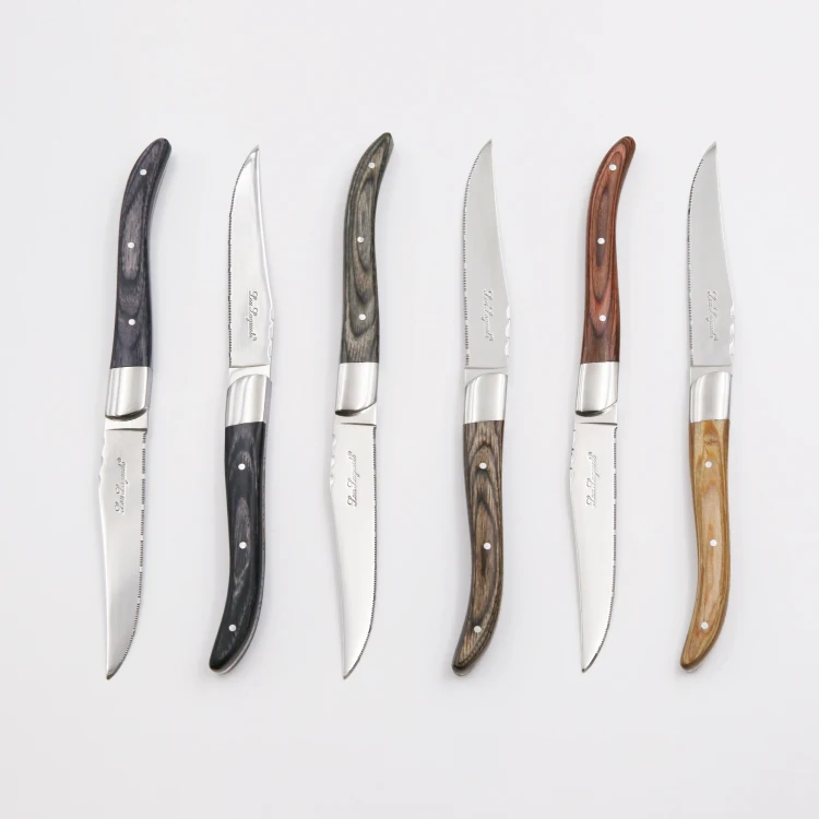 Премиум 6 шт., настольный нож из нержавеющей стали, Классический нож для стейка с цветной деревянной ручкой Pakka в индивидуальной упаковке