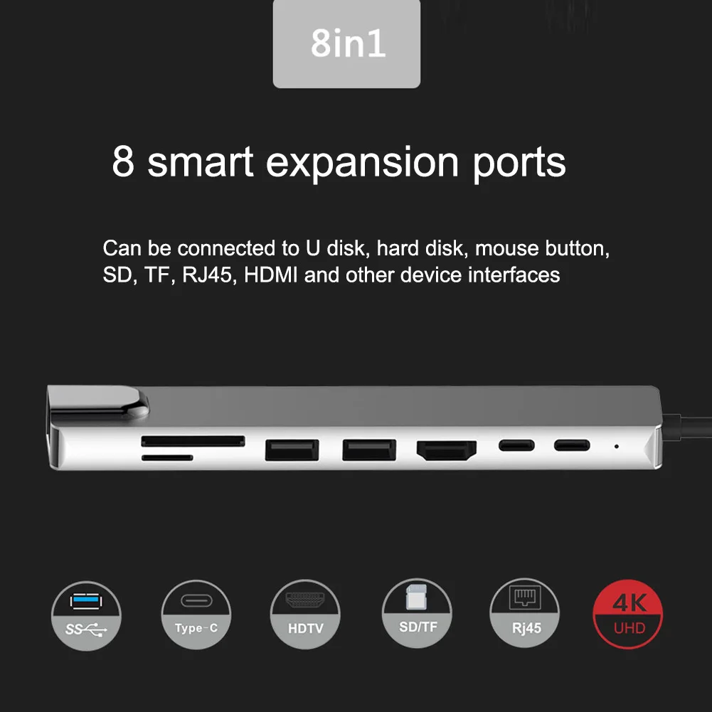 Hot Sale Type-c 8 in 1 USB C Hub Adapter with USB3.0 PD charging HDTV RJ45 TF/ SD Card Reader for MacBook