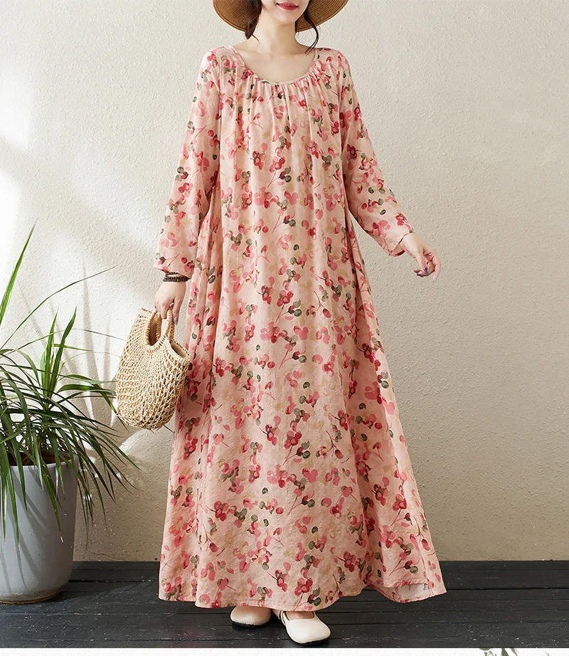 Autumn new round neck draw pleated slack lazy skirt minimalist long-sleeved holiday style casual loose dress