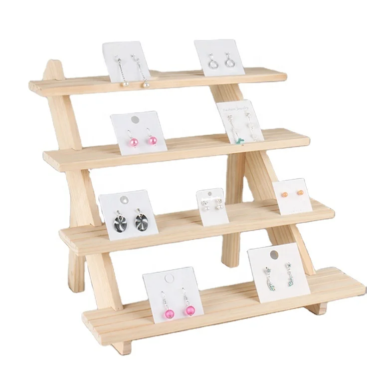 4-Tire Solid Wood Jewelry Storage Earrings Necklace Bracelet Ear Studs Display Board Holder Rack Stand