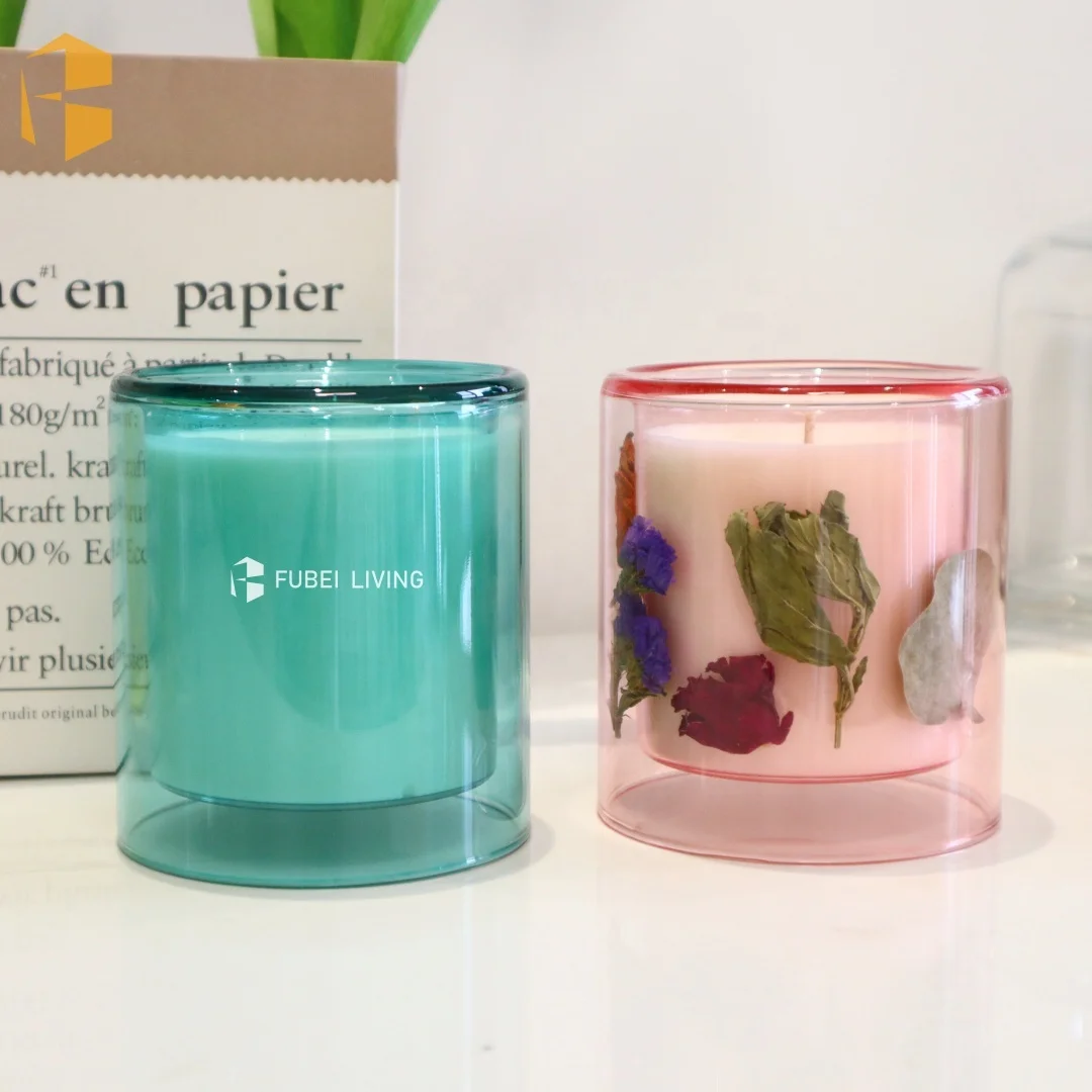 Big Size Unique Design Heat Resistant Glass Cylinder Candle Holder Soy Wax Scented Double Wall Glass Candle