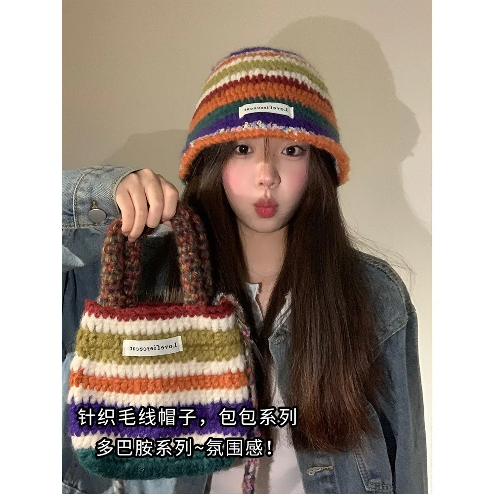 Rainbow Female Face Slimming Warm Plush Bucket Earflaps Hat Beanie