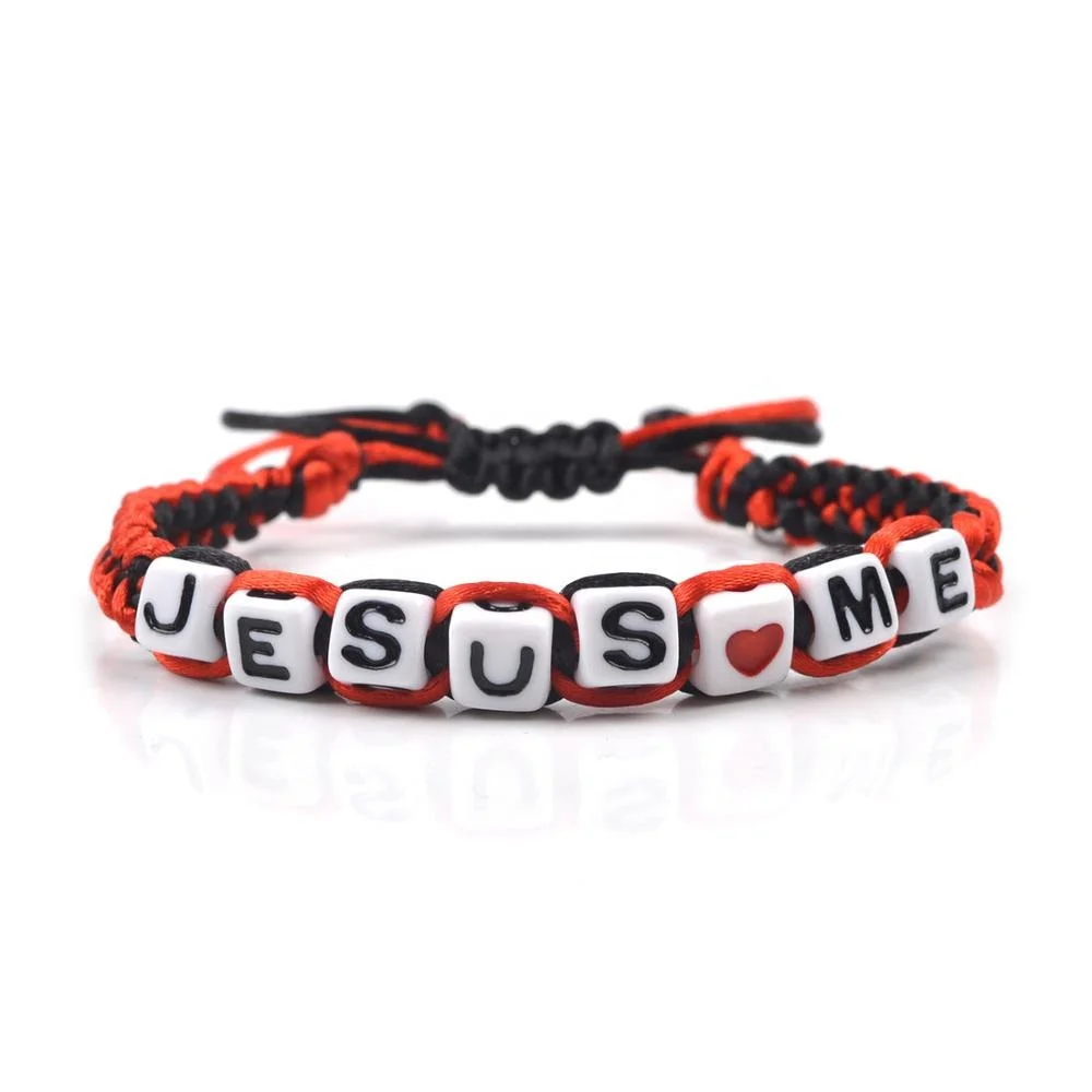 Jesus Love Me Plastic Beads Catholic Religious Cross Cording Bracelets Adjustable Hand Woven Bracelet