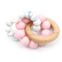 Silicone Beads Natural Wooden Teething Circle Ring Rattle Baby Teething Bracelet