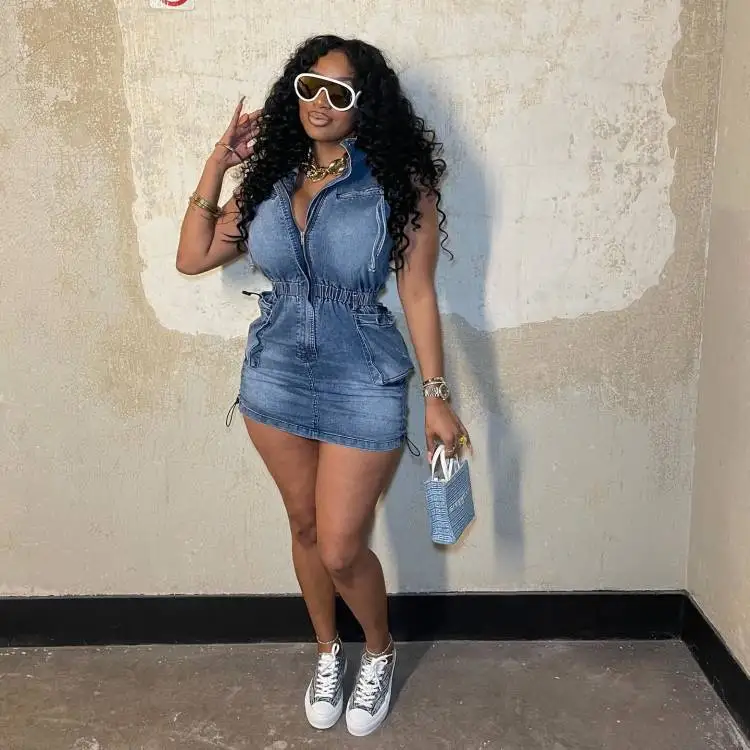 Wholesale usa size S-2XL fashion women clothes stretchy denim jeans sleeveless dress