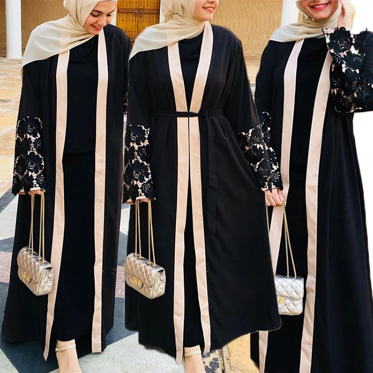 Traditional Muslim Clothing Front Open Black Abaya Arab Dubai Kaftan Abaya Women Polyester Adults Middle East Support Eid Abaya