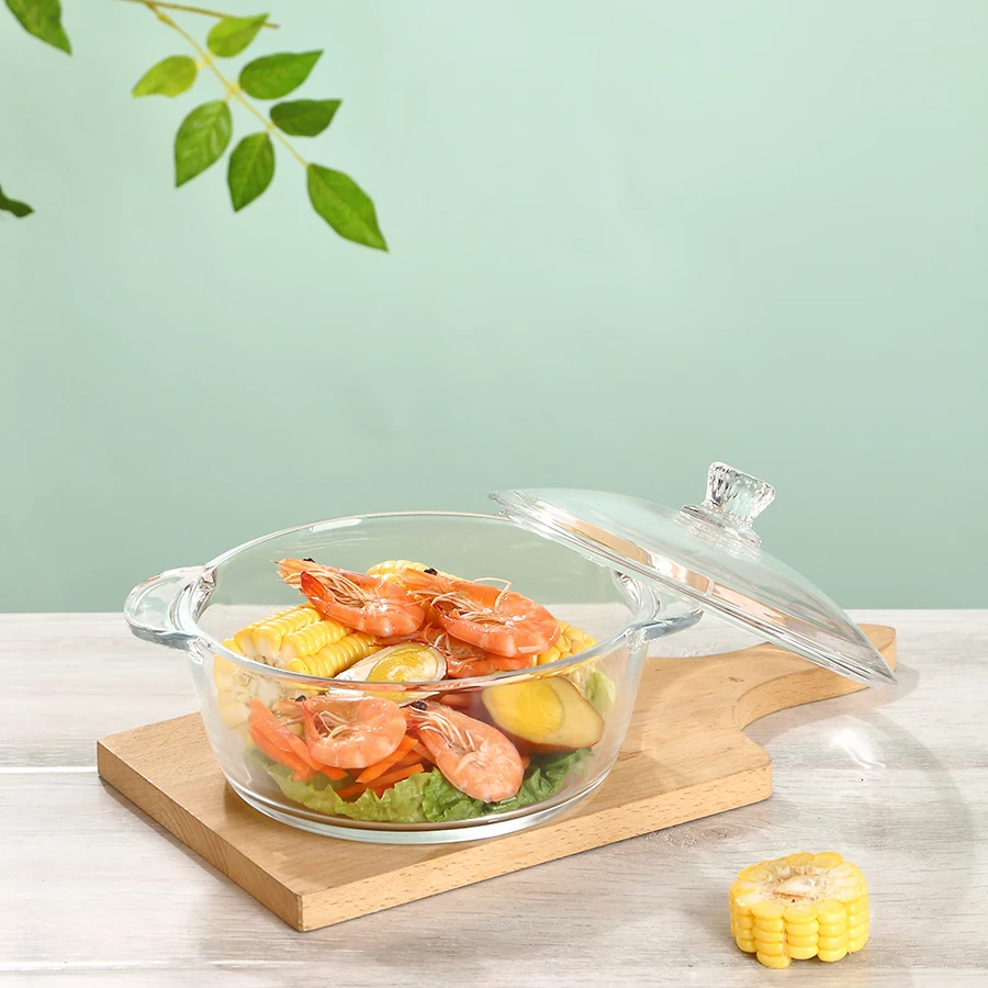 Manufacture high quality clear tableware stock glass bowl soup glass pot food salad serving bowl  with lid