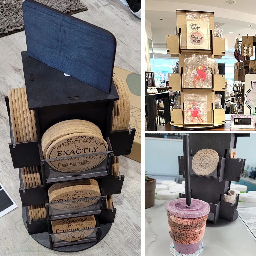 3 Tier Rotating Sticker Display Stand for Vendors,Wooden Countertop Organizer Shelf for Coasters, Retail, Showcase, Tradeshow
