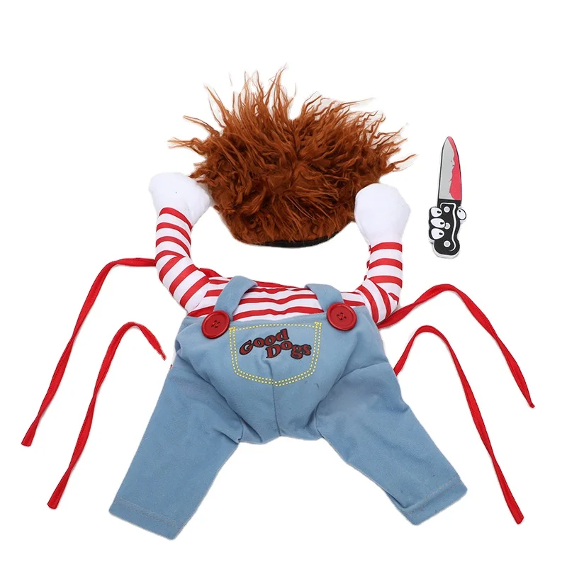 Deadly Doll Pet Halloween Dog Clothes Transforms into Small and Medium Sized Dog Apparel with Knife and Dagger Design
