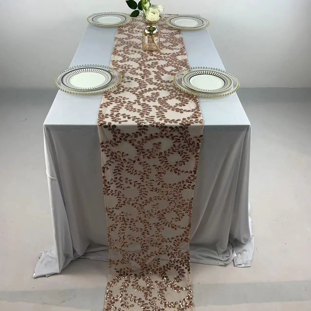 TR064#73 wedding table runner floral table runner sequin bow