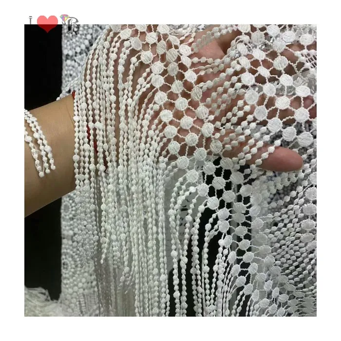 pure white fringe tassel border embroidery guipure lace fabric for dresses, fringe cord lace