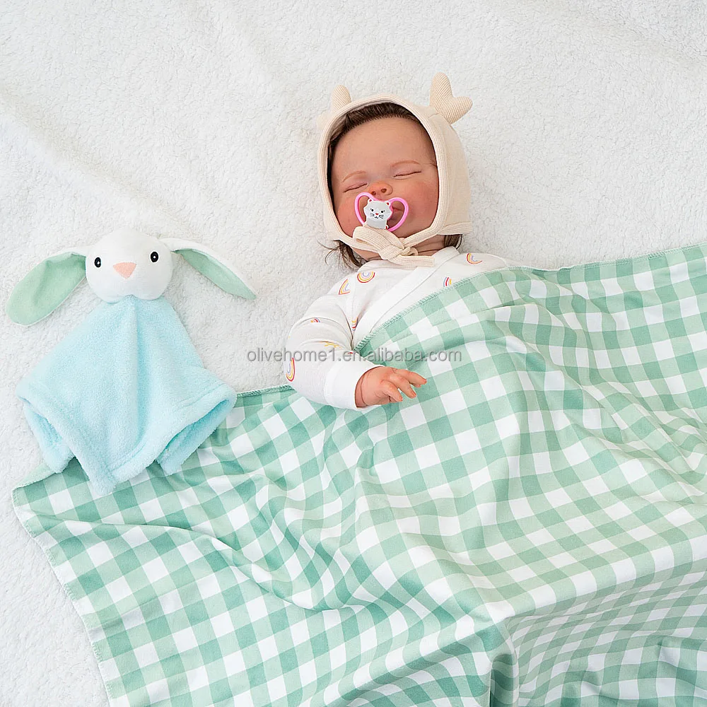 Green Checked Rabbit Security Blanket Soft Lovey Lovie Baby Gifts Set Toy Stuffed Animal Blanket for Newborn Girls